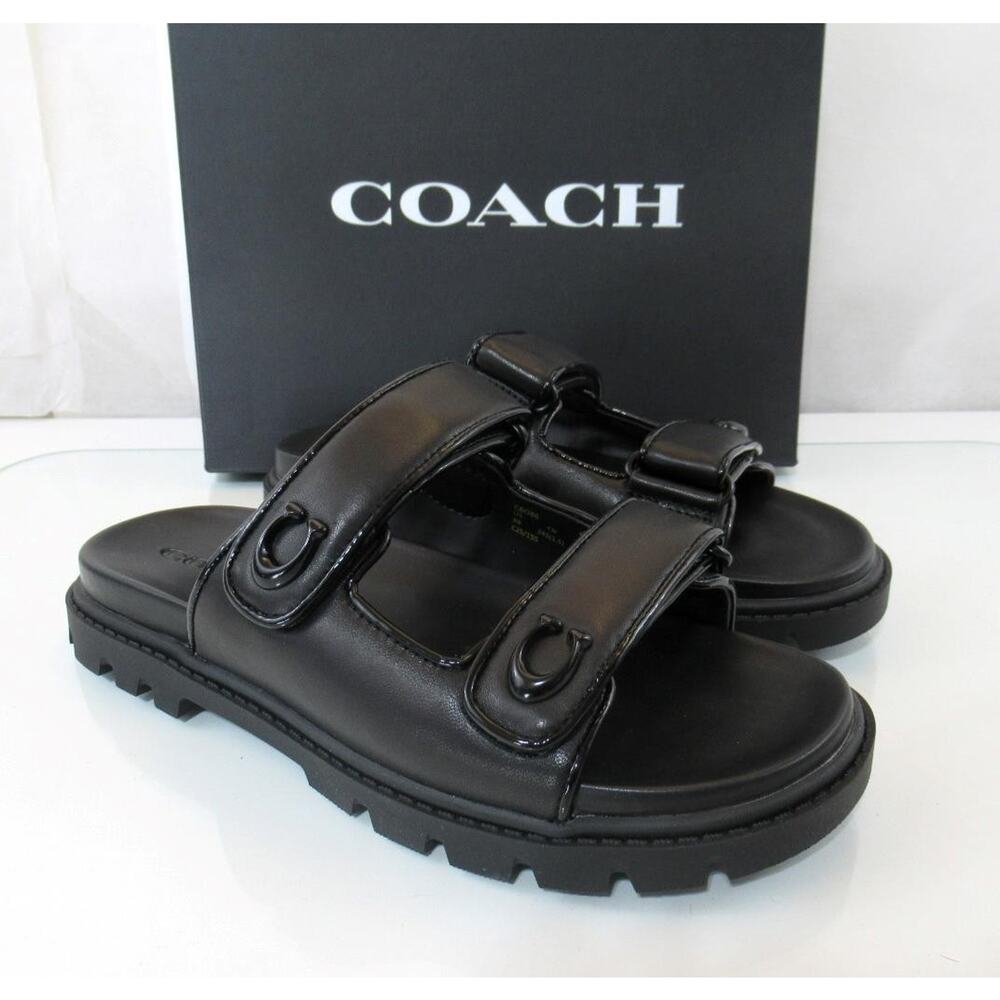 Coach Size 8 Sculpted C Leather Double Strap Band Slide Sandals Flat Heel Black - Picture 6 of 8